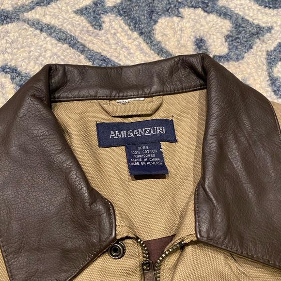 Ami Sanzuri men’s heavy beige coat with leather trim collar and sleeve in size S - Picture 2 of 3